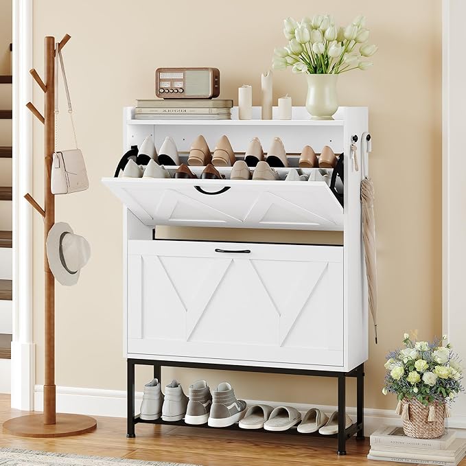 Cozyman Narrow Shoe Storage Cabinet with 2 Flip Drawers & Adjustable Shelf for Entryway, Freestanding Hidden Slim Shoe Organizer Rack, White