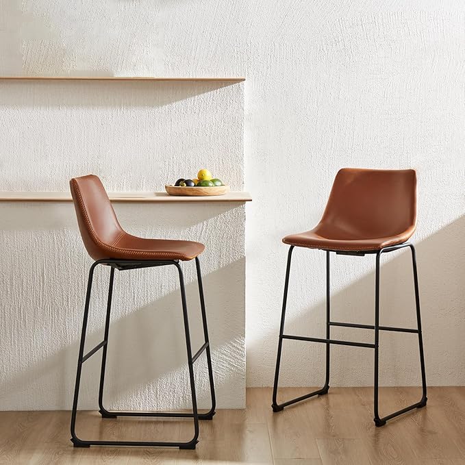 DUMOS 26 Inch Counter Height Bar Stools Set of 2, Modern Faux Leather High Barstools with Back and Metal Leg, Bar Chairs for Kitchen Island, Elegant Brown