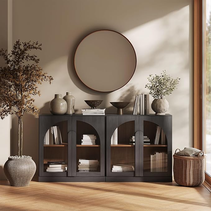 BELLEZE Set of 2 Modern Sideboard Buffet Cabinets (63" Wide) - Large Kitchen Credenza with 4 Arched Glass Doors - Seamless Storage Console Table for Dining Room, Living Room & TV Stand - Ebony