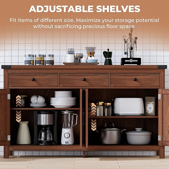 VVFLU 63" Sideboard Buffet Cabinet with Storage, Coffee Bar with 3 Drawers and 4 Barn Doors, Long Wider Storage Cabinet Modern Farmhouse, Cherry Wood, for Kitchen, Dining Room, Living Room