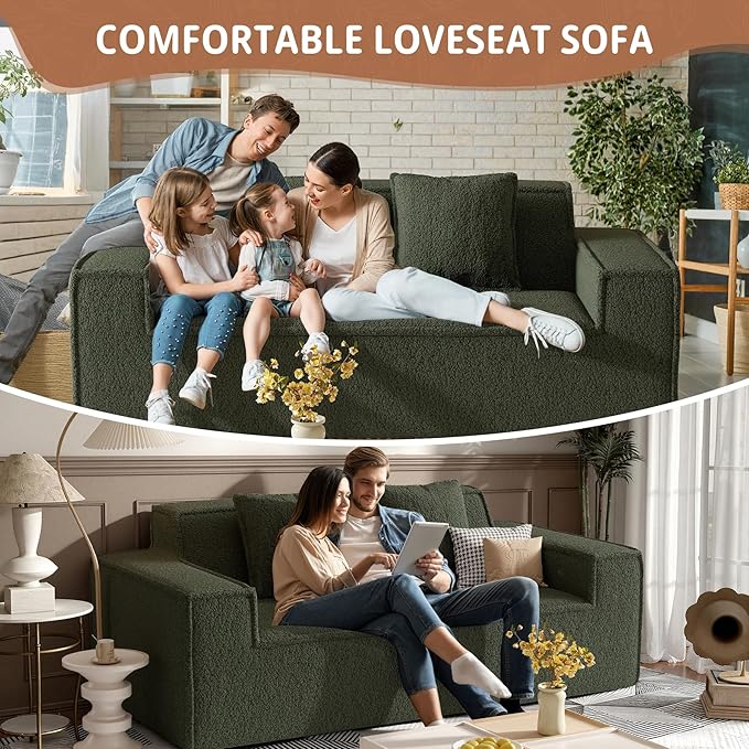 75'' Cloud Loveseat Sofa, No Assembly Required Comfy Deep Seat Couches 1 pcs for Living Room, Bedroom, Apartment(Teddy Fabric-Green)