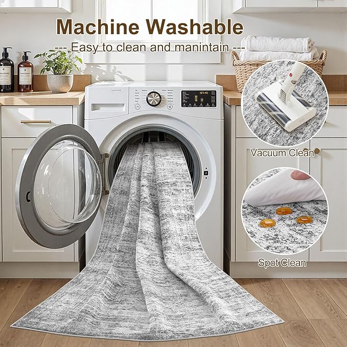 cotiled Large Area Rugs for Living Room, Machine Washable Rugs with Non Slip Backing Modern Neutral Abstract Rugs Stain Resistant Distressed Carpets for Home Office Decor (4x6 Dark Grey)