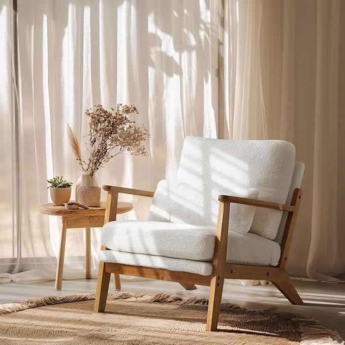 VINGLI Solid Wood Wide Armrests Accent Chair,Upholstered Mid Century Modern Chair with Pillow,Comfy Reading Chair Farmhouse Arm Chair,Chairs Living Room,Bedroom,Guest Room,Teddy Fleece,White
