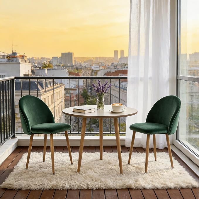 Dining Chairs Set of 2, Velvet Comfortable Seats, Mid-Century Modern Living Room Chairs, Upholstered Kitchen Chairs with Wooden Legs and Padded Seat for Bedroom Office Easy Assembly, Green