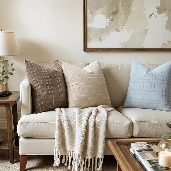 MIULEE Decorative Linen Check Euro Shams Throw Pillow Covers Neutral Farmhouse Vintage Pillow Covers 26x26 Set of 2 Boho Modern Home Decor for Sofa Couch Bedroom Cushion Coastal Blue
