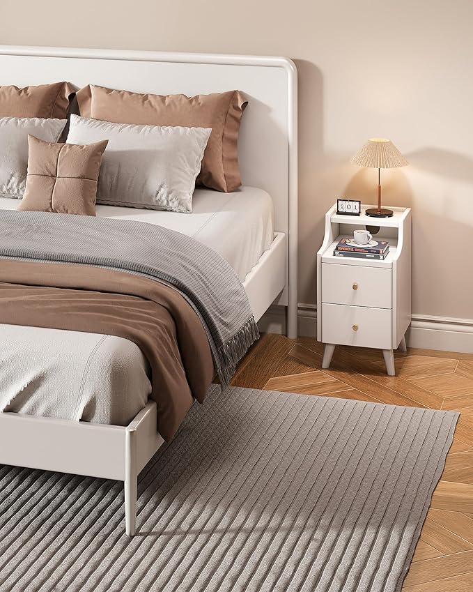 Narrow Nightstand with Drawers, 11.8" Slim Solid Wood Bedside Table with Open Shelf & Cable Hole, Modern Storage Cabinet for Small Spaces, Side Table for Bedroom & Living Room, White