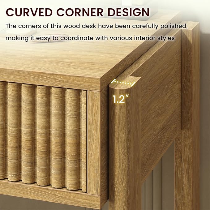 YOMILUVE 34 Inch Small Computer Desk with Drawer, Fluted Computer Desk with Storage, Wooden Desks Compact Writing Study Table for Small Spaces, Oak