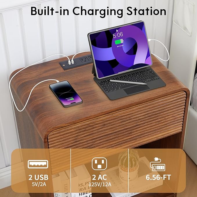 XUZENEST Fluted Nightstand Set of 2 with Charging Station, Modern Bed Side Table End Table with Drawer Storage, Large Wooden Night Stands Bedside for Bedroom Living Room Sofa Office, Walnut 2 Sets