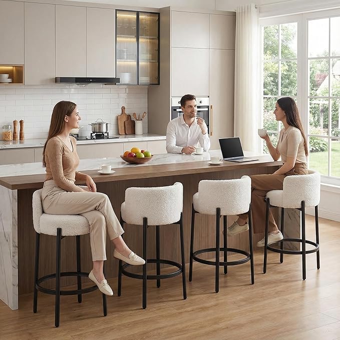 LukeAlon Modern Sherpa Counter Height Stools Set of 2, Upholstered 26" Seat Height Barstools with Black Metal Legs Round Low Back Kitchen Stools with Footrest for Dining Room Small Places, White