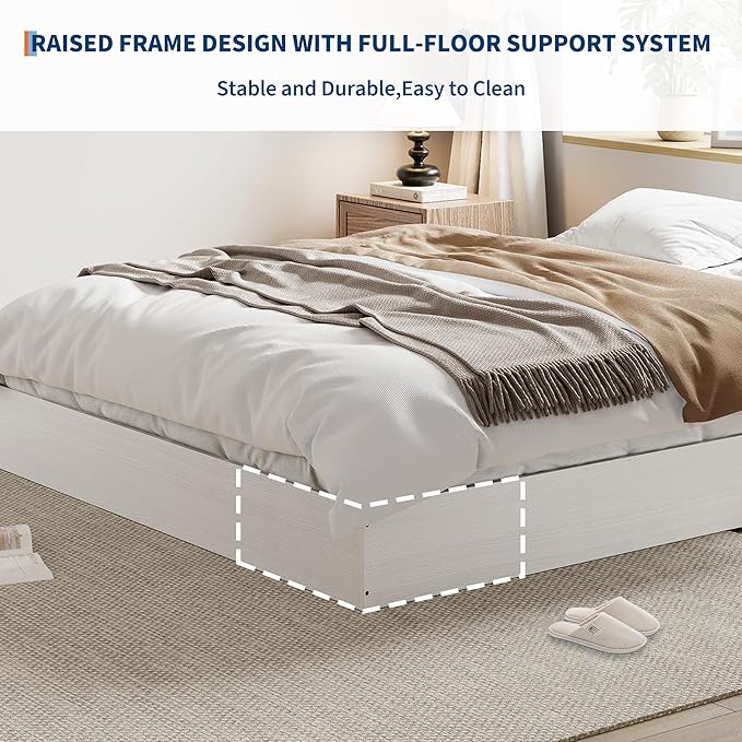 Wood Platform Bed with Sturdy Wooden Slats, King Size Floor-Standing Bed Frame, Modern Minimalist Design Bed Frame, No Box Spring Needed, Easy Assembly, White