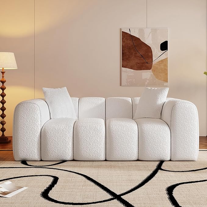 WHGBJA 70" Modern Chenille Fabric Sofa Couch – One-Piece Memory Foam 3-Seater Sofa with Rounded Arms, Soft & Cozy Upholstery for Living Room (White)