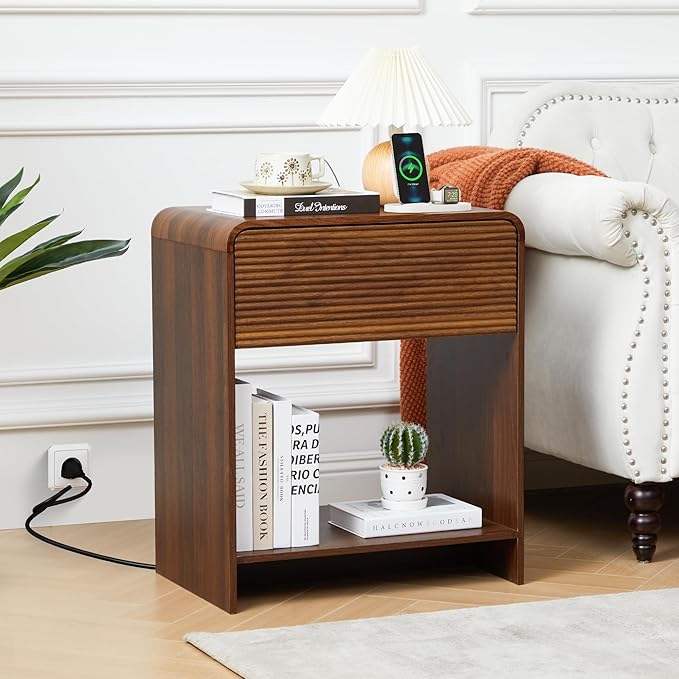 XUZENEST Fluted Nightstand with Charging Station, Mid Century Modern Bed Side Table End Table with Drawer Storage, Large Wooden Night Stands Bedside for Bedroom Living Room Sofa Office, Walnut