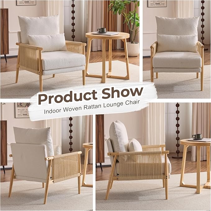 Karl home Cozy Chenille Accent Chair with Lumbar Pillow & Rattan Arms Modern Lounge Chair for Living Room, Bedroom, Reading Nook, Beige