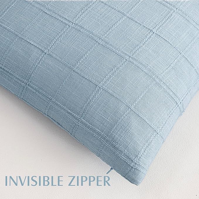 Foindtower Set of 2 Decorative Linen Check Throw Pillow Covers Neutral Farmhouse Vintage Cushion Covers Modern Boho Accent Home Decor for Sofa Chair Couch Bedroom Living Room,20×20 Inch,Sky Blue