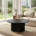 Modern Round Coffee Table with Fluted Pedestal Circle Coffee Table with Faux Marble Tabletop for Bedroom,Apartment,Living Room Black