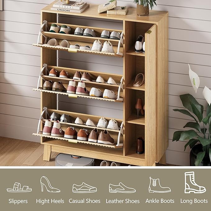 Shoe Cabinet Storage for Entryway with 3 Flip Drawers & Side Cabinet, Fluted Narrow Shoe Organizer with Wooden Leg, Freestanding Shoe Storage Hidden Shoe Rack Organizer for Front Door Entrance, Oak
