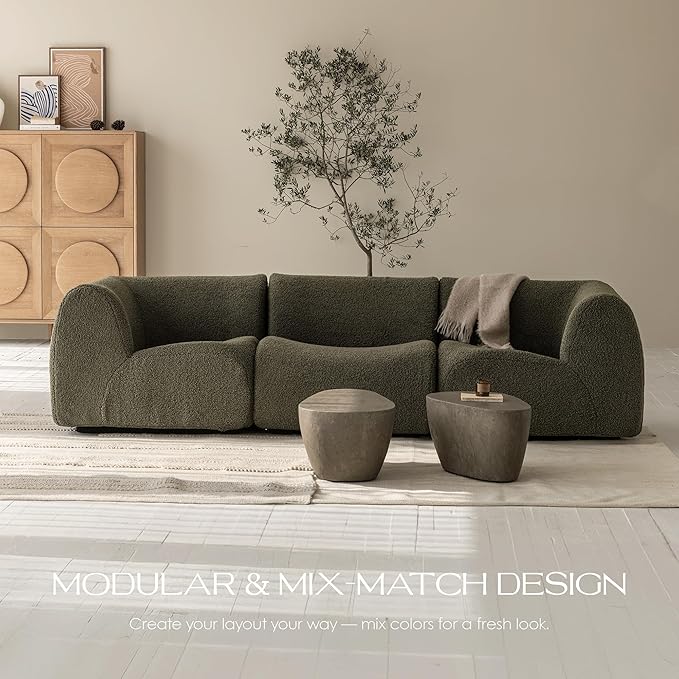 110" 3-Seater Modular Sectional Sofa, Sherpa Cloud Couch with Deep Seat Comfort, Boneless Curved Sofas with High-Density Foam Strong Support, Modern Cozy Sofa for Living Room – No Assembly, Green