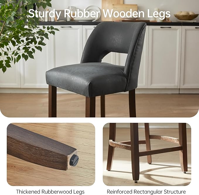 VKNOW 26" Bar Stools Set of 2, Faux Leather Counter Height Bar Stools with Backrest and Rubberwood Legs, Upholstered Barstools for Kitchen Island, Bar and Dining Room, Black