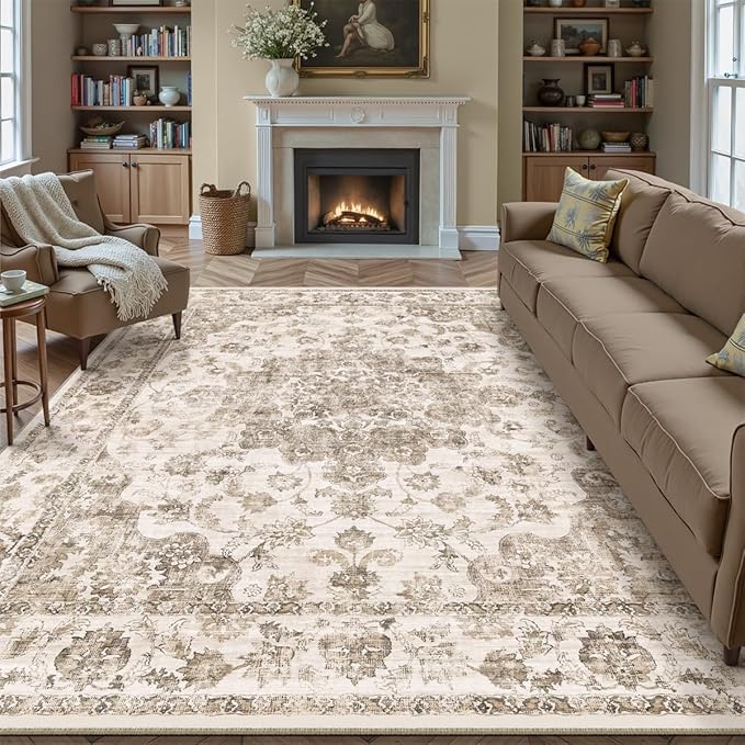 8x10 Washable Neutral Area Rug Brown Vintage Living Room Bedroom Carpet Non-Slip Soft Low Pile Farmhouse Indoor Large Throw Rug for Dining Room Office