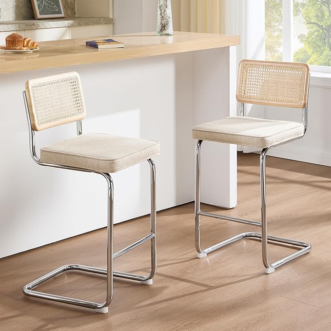 Zesthouse Natural Rattan Counter Stools Set of 2, 26" Modern Counter Height Barstools, Thick Linen Bar Stools with Solid Wood Back, Mid Century Cantilever Bar Chairs for Kitchen Island Beige Yellowish