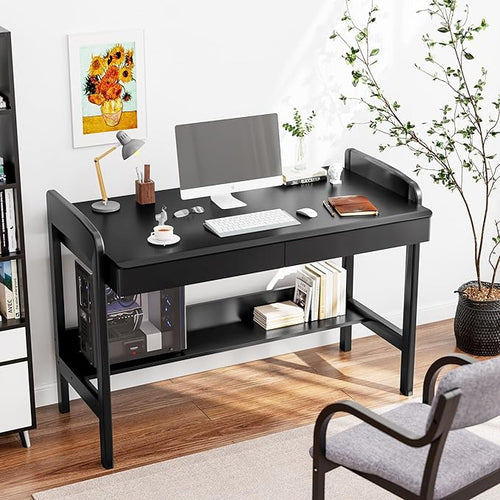 100% Solid Wood Desk with Drawers - 40 Inch Simple Modern Desks, Writing Desk with Drawers & Shelf, Work Study Table, Adjustable Height Home Office Computer Desks - Black