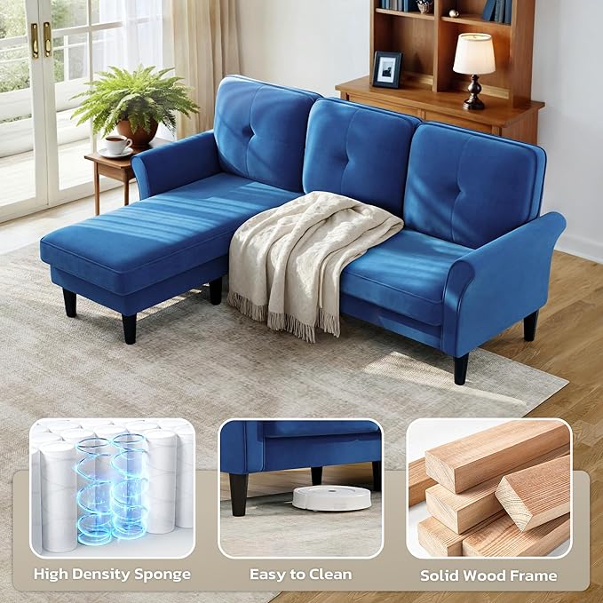 Welzona Sectional Couches for Living Room, 83" Velvet Modern 3 Seater Sofa, L Shaped Couch with Ottoman, Small Sectional Couch Sofas for Living Room, Bedroom, Apartment, Office, Blue Sofa