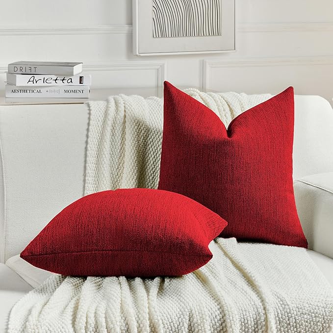 FUTEI Red Chenille Decorative Throw Pillow Covers 12x20 Inch Set of 2,Soft Cozy Faux Linen Textured Lumbar Pillow Cases,Farmhouse Home Decor for Couch Living Room