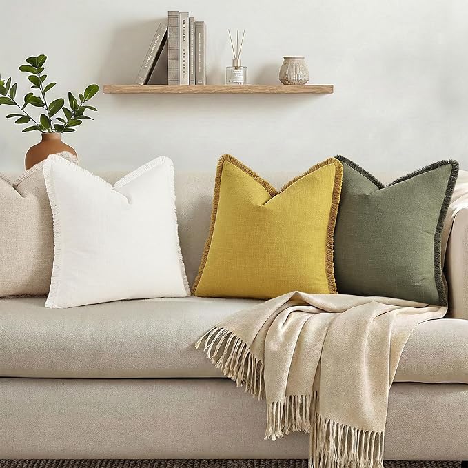 decorUhome Summer Decorative Neutral Linen Fringe Throw Pillow Covers Set of 2 Cream White Pillow Covers with Tassels Soft Farmhouse Boho Accent Pillow Cases for Couch Bed Sofa 18x18 Inch