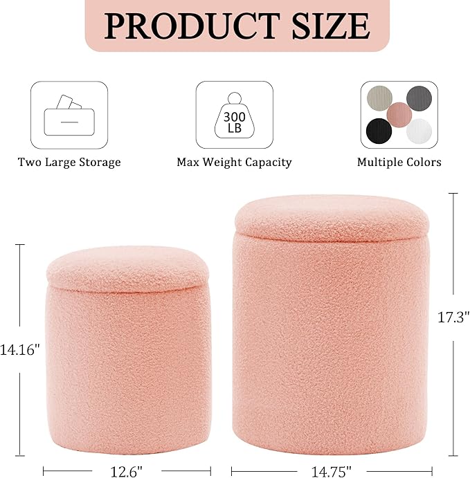 YSICK Round Ottoman with Storage, Set of 2, Small Vanity Stool as Vanity Chair, Sherpa Ottoman Foot Rest for Small Space, Living Room, Bedroom, Peach