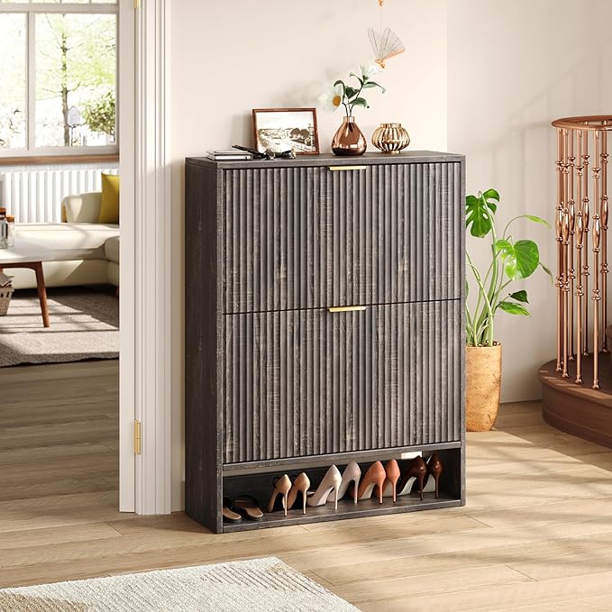 Hootata 31.5''W Black Shoe Storage Cabinet for Entryway with 2 Flip Drawers, Fluted Slim Shoe Cabinet, Free Standing Wooden Shoes Organizer for Foyer, Hallway