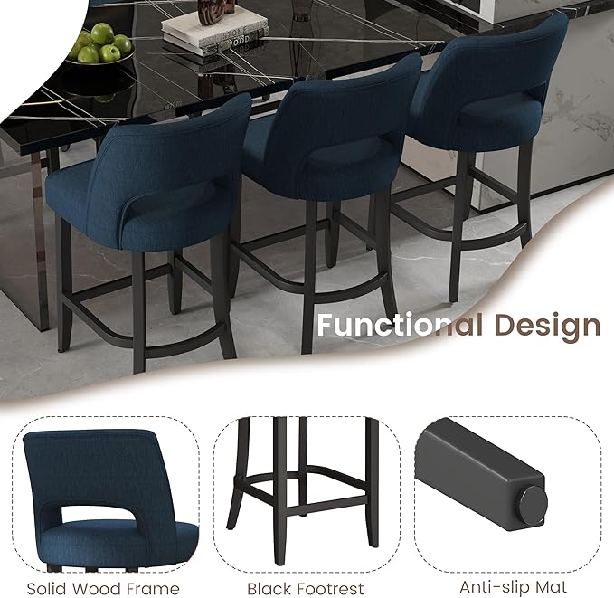 VKNOW Bar Stools Set of 2, Modern Counter Height Bar Stools, 26" Upholstered Counter Stools with Black Wood Legs for Kitchen Island Dining Room Bar, Blue-Black Legs