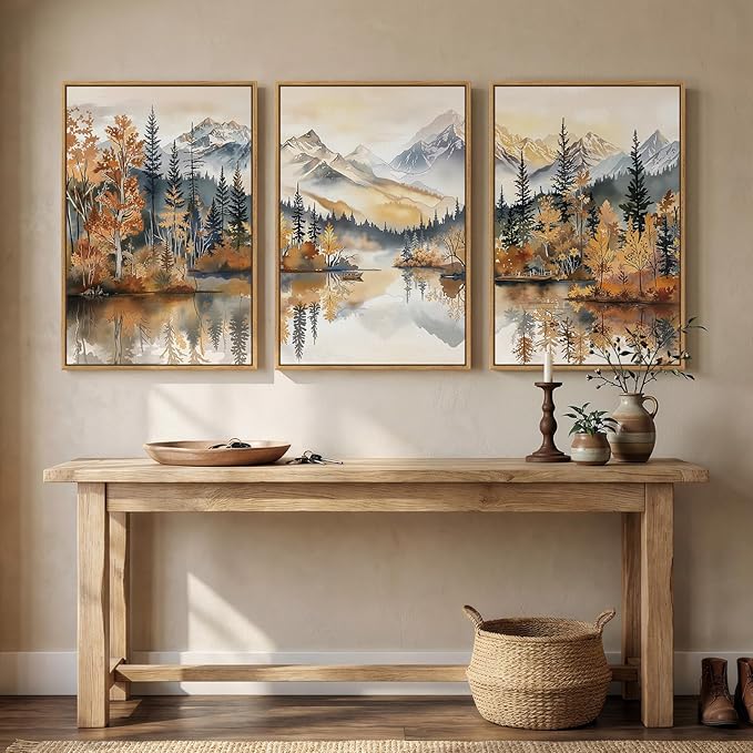 Framed Mountain Forest Landscape 3 Piece Wall Art for Living Room, Orange Neutral Modern Scenic Print Canvas Artwork for Walls, Large Nordic Rustic Nature Autumn Bedroom Office Wall Decor, 24x36 Inch