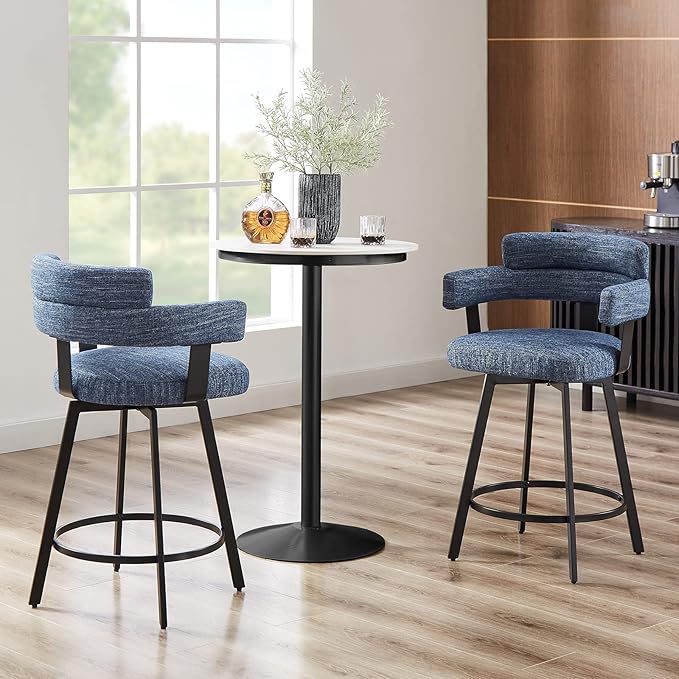 Counter Height Bar Stools with Full Back – Swivel Counter Stools Set of 2 with Linen Padded Back, Metal Footrest, Modern Barstools for Kitchen Counter, Island, Dining Room, Blue 24 inch