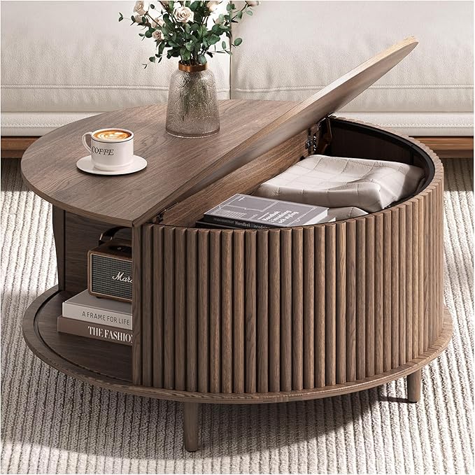 JOINICE,Round Coffee Table with Storage, 31.5" Fluted Center Table for Living Room, Modern Walnut Wood Circle Drum Table with Sliding Cabinet Door, Mid Century Furniture for Small Space