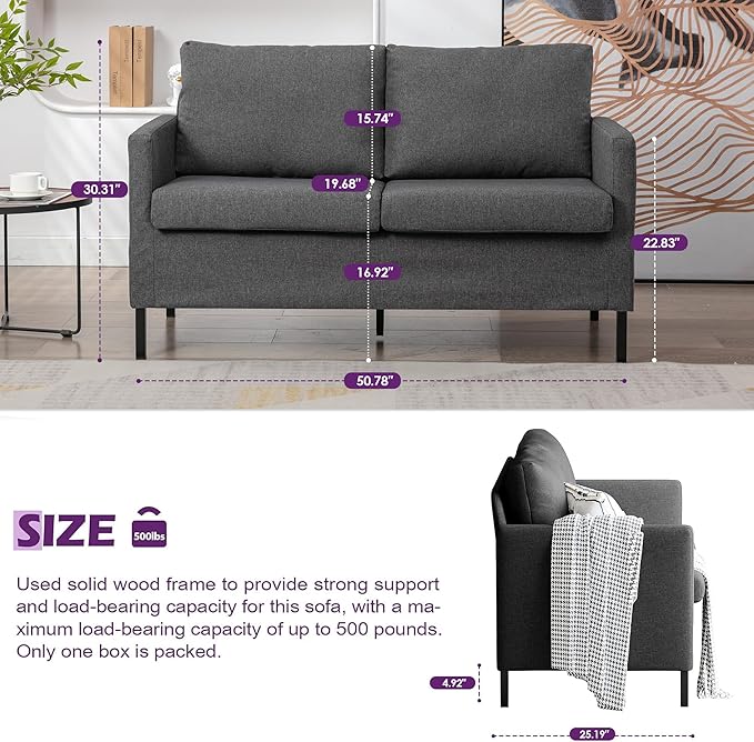 TYBOATLE Linen Fabric Modern Small Loveseat Sofa Couch for Living Room, 51" W Little Upholstered 2-Seater Mini Love Seats w/Iron Legs for Small Space, Apartment, Bedroom, Dorm, Office (Dark Grey)