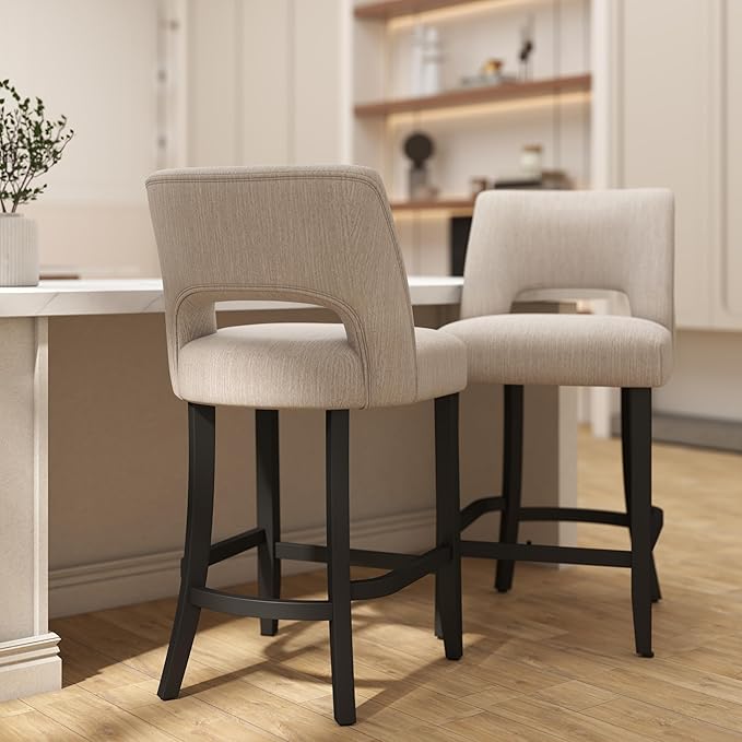 VKNOW Bar Stools Set of 2, 26" Upholstered Counter Height Bar Stools, Modern Counter Stools with Black Legs for Kitchen Island Dining Room Bar, Beige-Black Legs