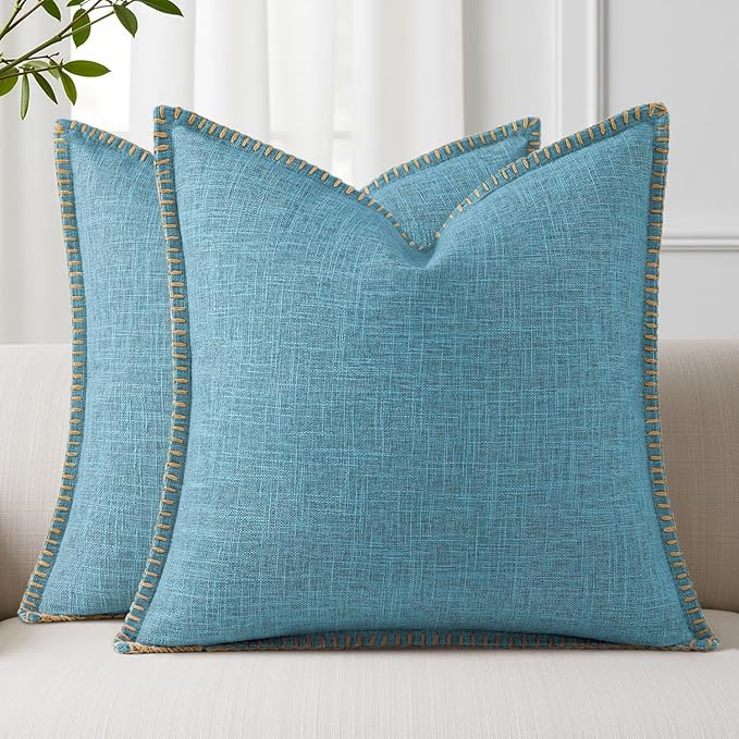 decorUhome Summer Decorative Throw Pillow Covers 26x26 Set of 2 Square Faux Linen Farmhouse Euro Sham Pillow Covers with Stitched Edge Outdoor Pillow Covers for Couch Sofa Living Room, Teal