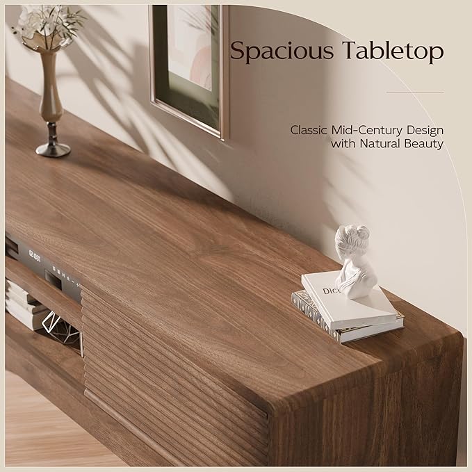 TOLEAD 59" Mid Century Modern TV Stand for TVs up to 65 Inch, Low Profile Entertainment Center with Fluted Sliding Doors & Storage, Wood TV Console Table for Living Room, Walnut