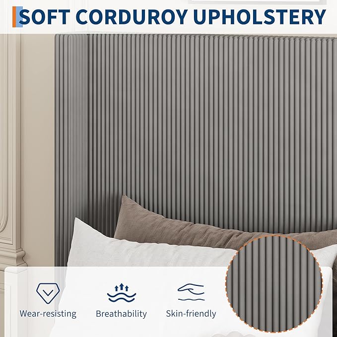 IDEALHOUSE King Size Upholstered Platform Bed Frame with Storage Drawers, Corduroy Wingback with Tufted Headboard and Footboard, No Box Spring Needed, Grey | Storage Drawers