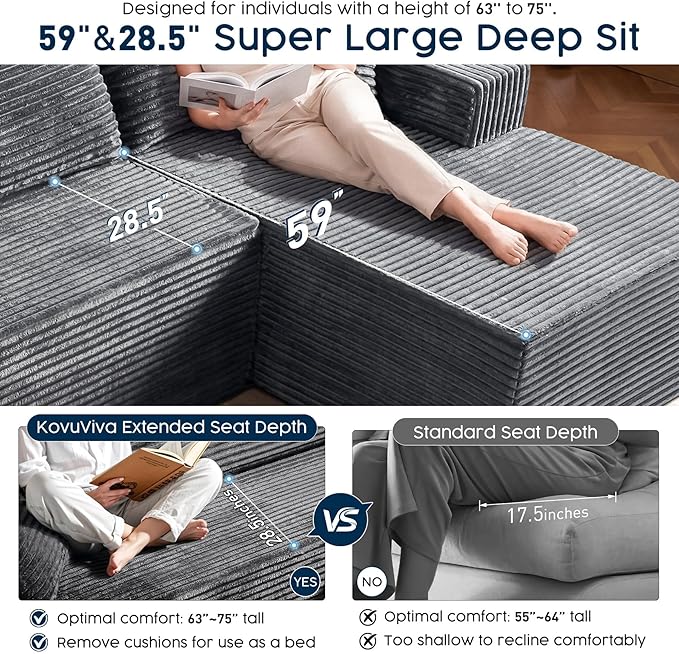 Grey Modular Sectional Couch with 108" L-Shape Chaise, Deep Seat Corduroy Sofa Plush Fabric Cloud-Like Couches for Living Room, No Assembly Modern Minimalist Furniture (Left Facing Chaise)