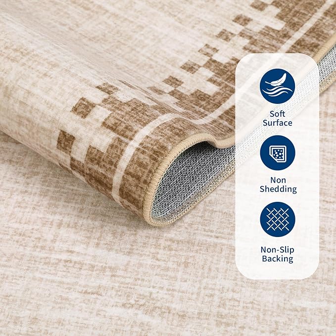 GarveeHome Modern Bordered Runner Rug 2x6 for Hallway Non Slip Low Pile Neutral Kitchen Runner Rugs Washable Bedroom Throw Carpet Geometric Cross Runners Mat for Living Room Nursery Laundry, Beige