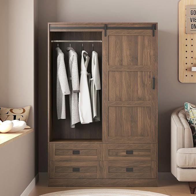 Armoire Wardrobe Closet with Sliding barn Door，Wardrobe Cabinet with 4 Storage Drawers and Hanging Rail,Freestanding Wooden Closet for Bedroom(Brown)