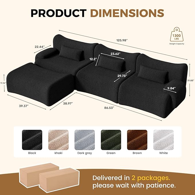 Cloud Couch Sectional, L Shaped Boneless Couches for Living Room - Oversized Modular Sofa with Deep Seats, Modern Couches with Movable Ottoman,Black