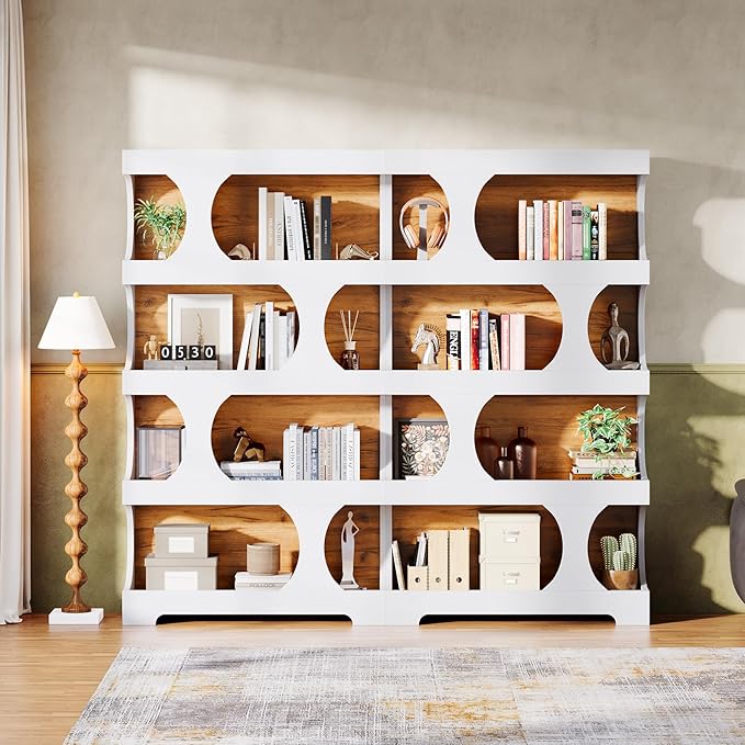 Tribesigns 71" Tall Bookcase Set of 2, 4-Tier S-Shaped Bookshelf, Wood Decorative Storage Shelving, Modern Freestanding Display Shelves, Large Library Bookshelf Unit for Home Office, White & Brown