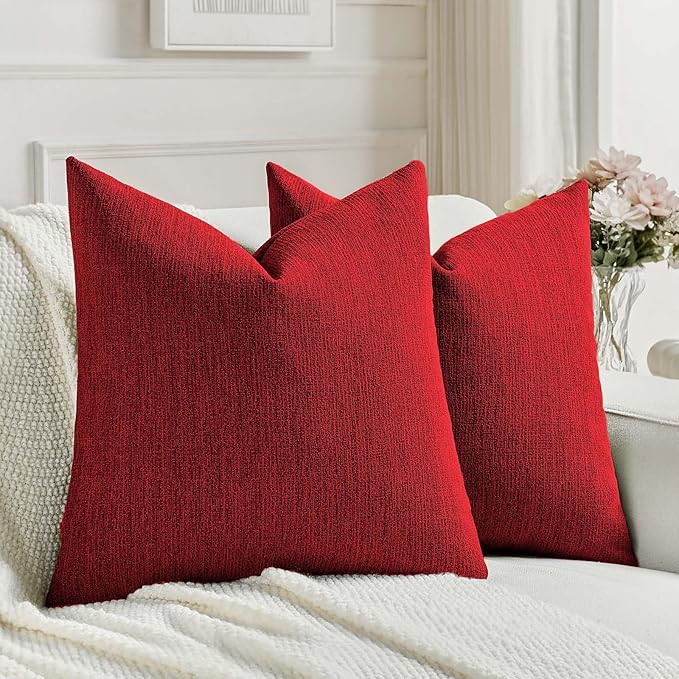 FUTEI Red Chenille Decorative Throw Pillow Covers 18x18 Inch Set of 2,Soft Cozy Faux Linen Textured Cushion Case,Farmhouse Home Decor for Couch Living Room