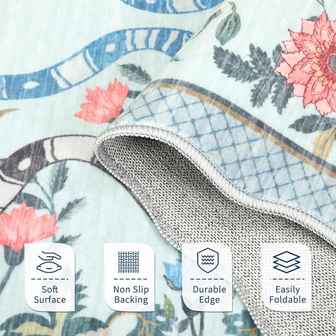 Garvee 10x13 Area Rugs for Living Room Non Slip Botanical Snake Rugs for Bedroom, Boho Scalloped Indoor Stain-Resistant Dining Room Rug for Under Table Carpet for Home Office Playroom Farmhouse,Blue