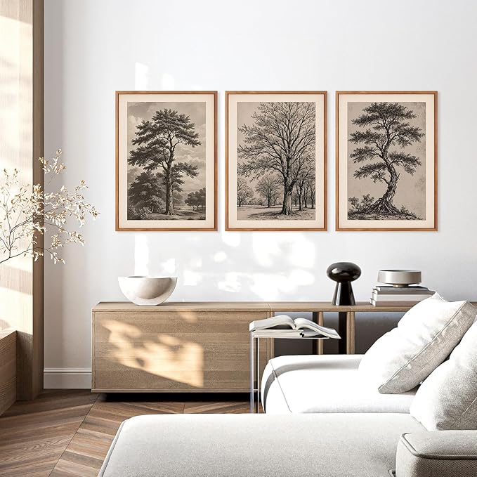 HPINUB Vintage Sketch Tree Framed Canvas Wall Art Set,Modern Nature Botanical Wall Decor, Antique Wilderness Tree Artwork,Minimalist Neutral Art Prints for Living Room,Bedroom(Set of 3,12X16 Inch)
