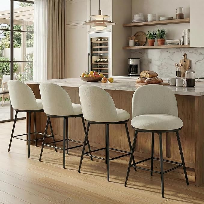 26" Counter Height Swivel Bar Stools Set of 2, Upholstered Linen Fabric Barstools with Backs and Metal Legs for Kitchen Island,Grey
