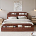 GarveeHome Queen Size Bed Frame, Wooden Beds with Storage Headboard and Raised-Foodboard, Queen-Floor Low Platform Bed for Bedroom, Sturdy Wooden Slats Support, No Box Spring Needed, Espresso