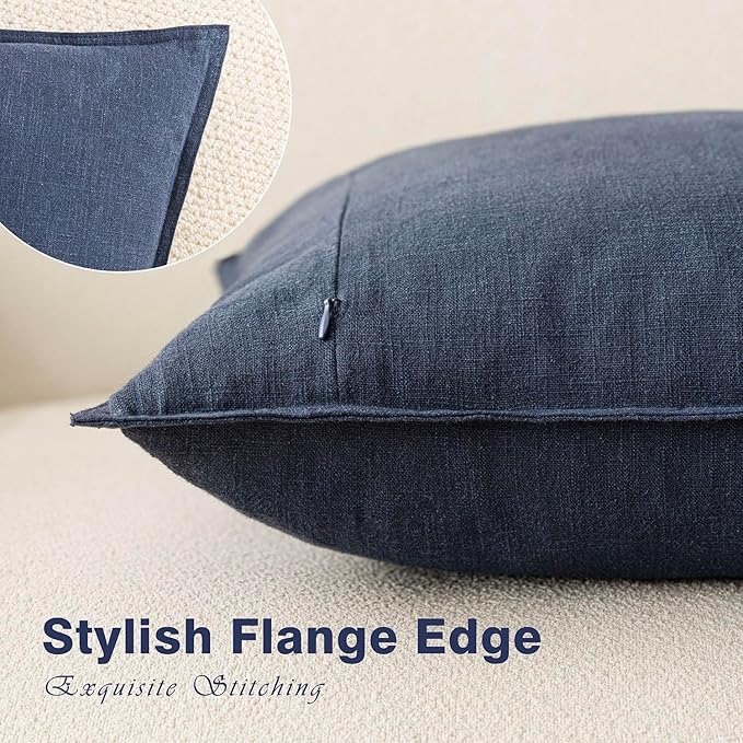 Foindtower Pack of 2, Decorative Linen Soild Throw Pillow Covers Soft Accent Cushion Case Boho Farmhouse Pillowcase for Couch Sofa Bedroom Living Room Home Decor 22 x 22 Inch Navy Blue